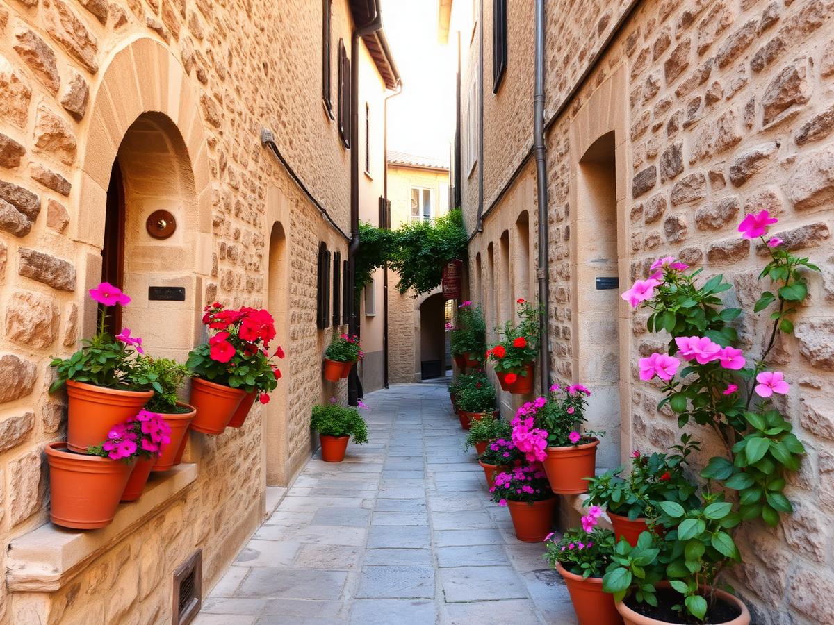 Vicolo medievale fiorito in un borgo umbro